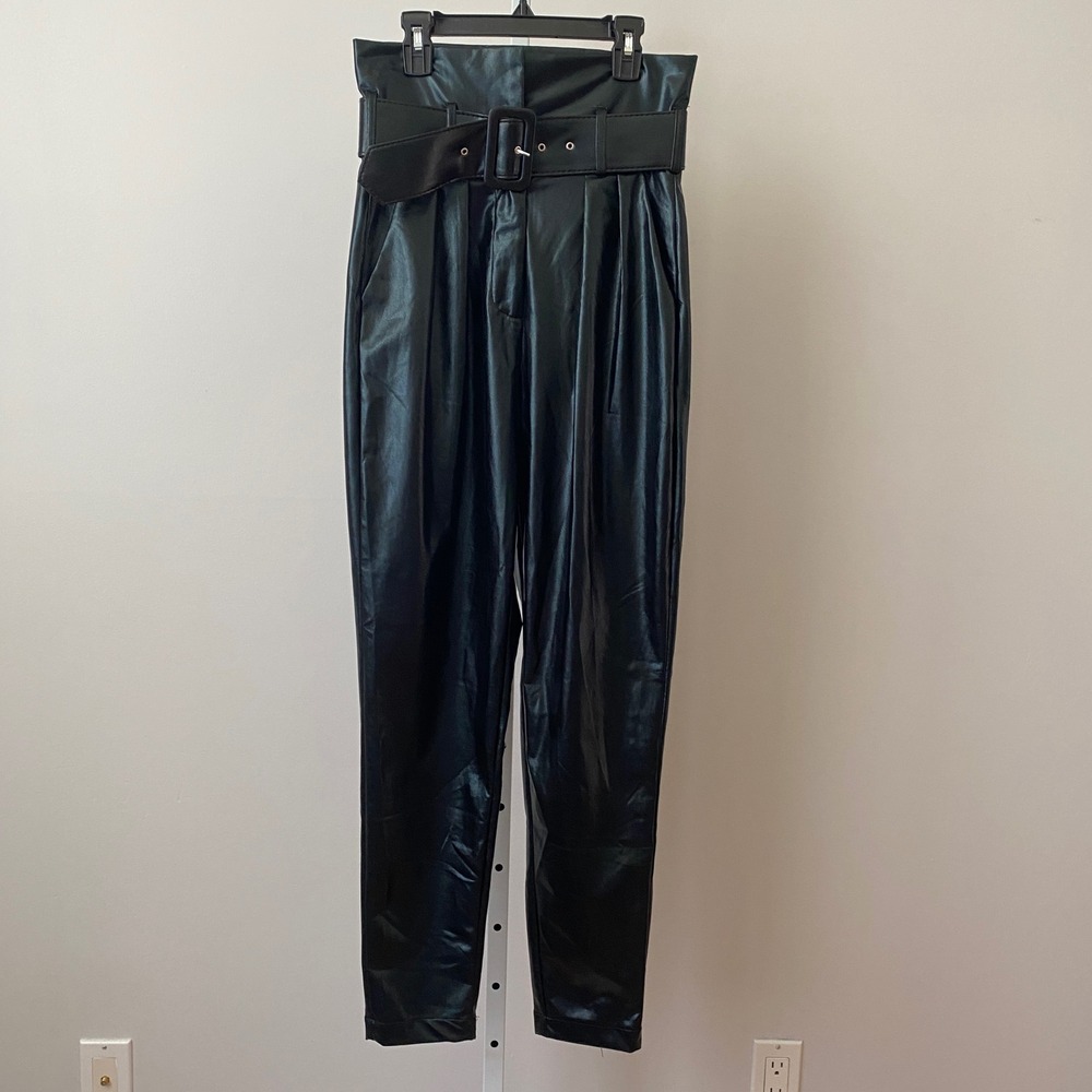 Capsulle Faux Leather MobWife Belted High Waist Tapered Pants S Black